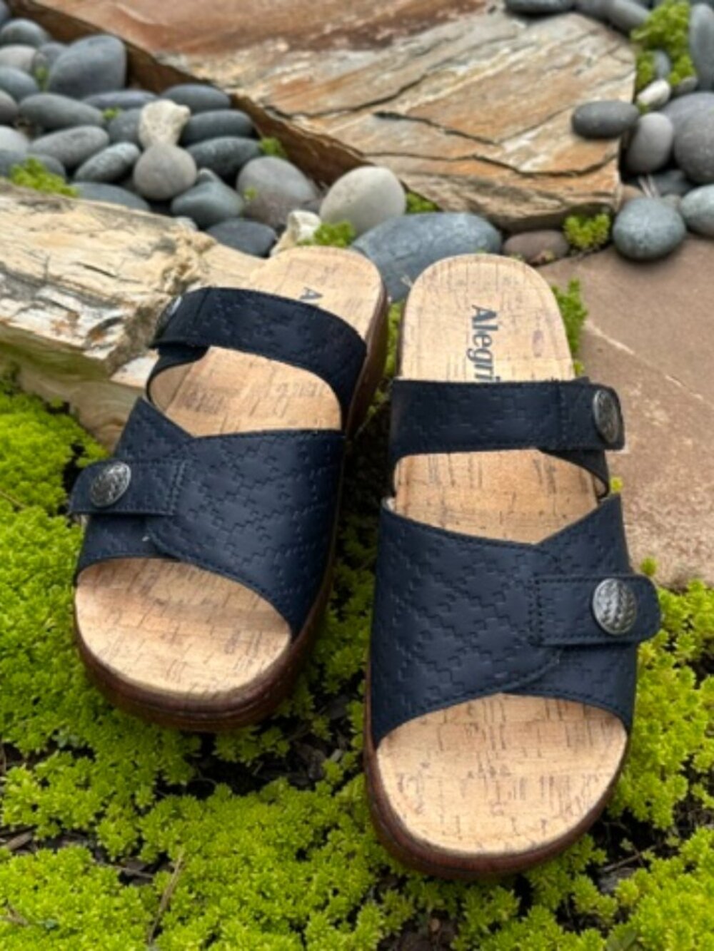 Alegria Leather Adjustable Slide Sandals - Krystal Blue Basket